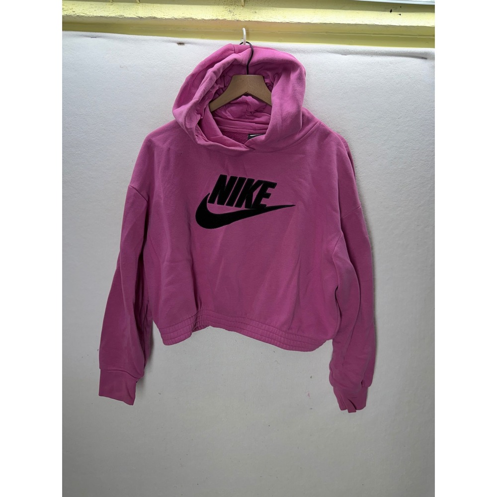 Nike Cropped Hoodie Women Size M Pink Sportswear Fleece Logo Pullover 3501